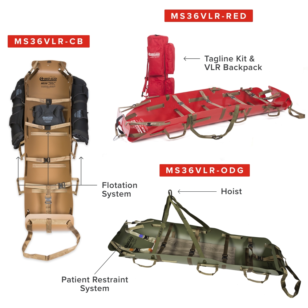 Collage of various tactical evacuation sleds with flotation systems and storage bags. 